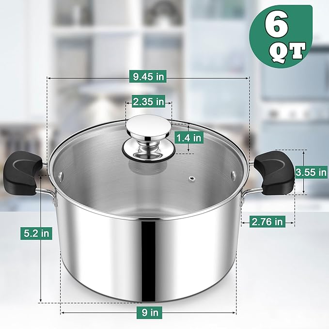 6 Quart 3-Ply Cooking Stock Pot with Lid, P&P CHEF Stainless Steel Large Pot for Pasta Soup, Work on Multi Stove, Heavy Duty & Dishwasher Safe, Dual Heat-resistant Handles & Transparent Glass Lid - Image 2