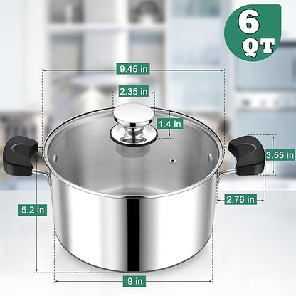 6 Quart 3-Ply Cooking Stock Pot with Lid, P&P CHEF Stainless Steel Large Pot for Pasta Soup, Work on Multi Stove, Heavy Duty & Dishwasher Safe, Dual Heat-resistant Handles & Transparent Glass Lid - Image 2