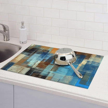 Modern Abstract Art Dish Drying Mat Blue Brown Gradient Painting Geometric Drying Rack Pad Countertop Dishes Ultra Absorbent Microfiber Kitchen Counter Mat 18x24 Inch