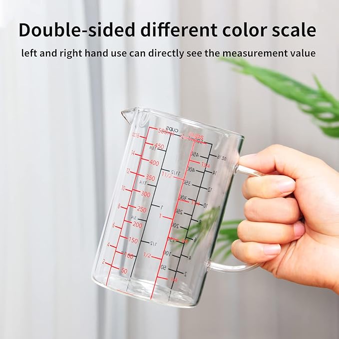 77L Glass Measuring Cup, [Double-Sided Measuring Scale, Insulated handle, V-Shaped Spout], High Borosilicate Glass Measuring Cup for Kitchen or Restaurant, Easy To Read, 500 ML (0.5 Liter, 2 Cup) - Image 3