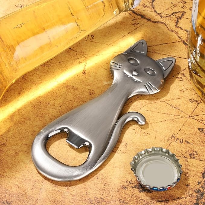Cat Beer Bottle Opener, Cat Gifts for Cat Lovers, Kitty Beer Opener, Birthday Gifts, Christmas Gifts for Women Men, Silver with Bag