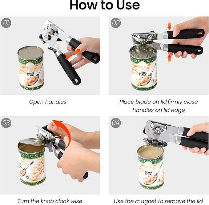 Manual Can Opener with Magnet Lid Lifter,Heavy Duty Handheld Tin Opener and Bottle Opener for Seniors with Smooth Edge Cut,Sharp Cutting Blade, Easy Turn Knob - Image 7