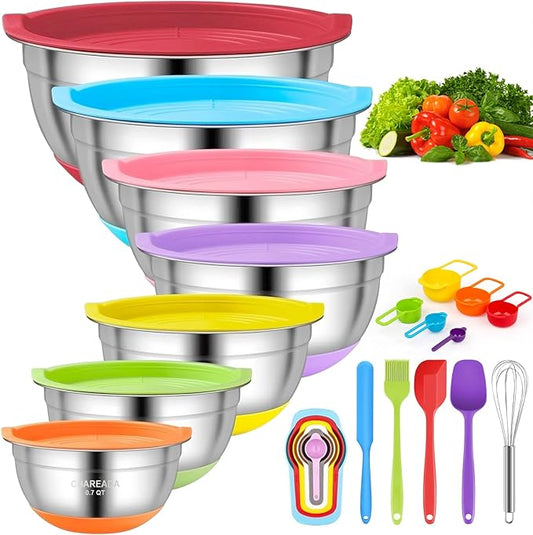 CHAREADA Mixing Bowls with Airtight Lids, 18pcs Stainless Steel Nesting Mixing Bowls Set Non-slip Silicone Bottom, Size 4.5, 3.6, 2.7, 2.1, 1.7, 1.1, 0.7 qt, Fit for Mixing & Serving(Colorful) by CHAREADA
