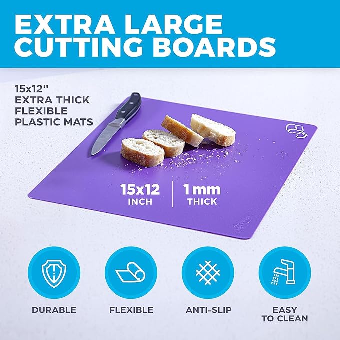 Cooler Kitchen 4 Piece Flexible Plastic Cutting Boards for Kitchen, BPA Free Plastic Cutting Mats For Kitchen - Extra Thick Chopping Mats - Mats Color Coded with Food Icons - Non Slip Dishwasher Safe