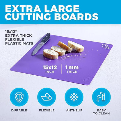 Cooler Kitchen 4 Piece Flexible Plastic Cutting Boards for Kitchen, BPA Free Plastic Cutting Mats For Kitchen - Extra Thick Chopping Mats - Mats Color Coded with Food Icons - Non Slip Dishwasher Safe