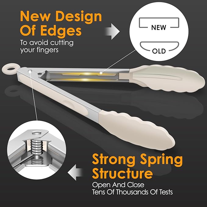 HOTEC Premium Stainless Steel Locking Kitchen Tongs with Silicon Tips, Set of 3-7", 9" and 12" (Khaki) - Image 6