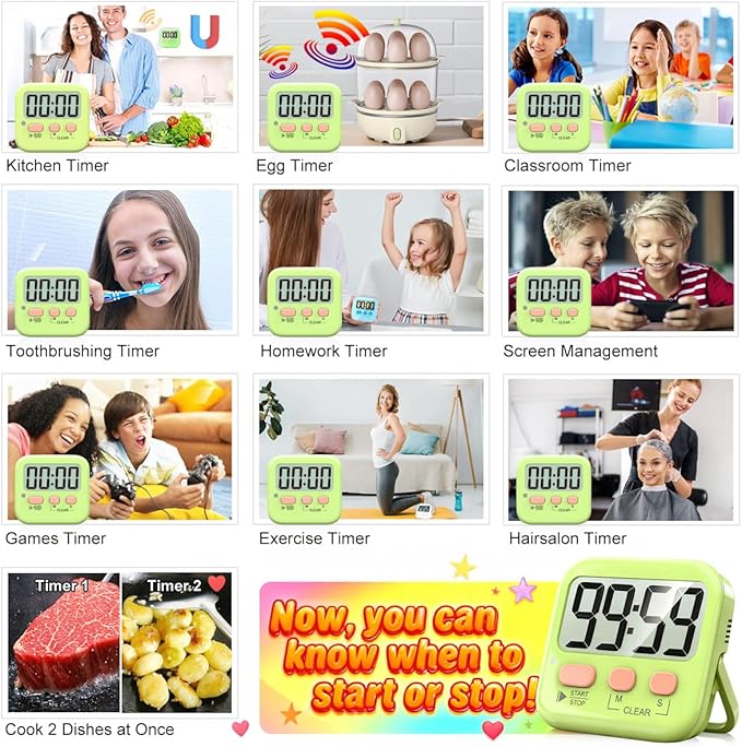 Antonki 2 Pack Digital Timer for Kids, Magnetic Countdown Kitchen Timers for Cooking, Egg, Classroom, Teacher, Exercise, Study, Oven - Battery Included - Image 7