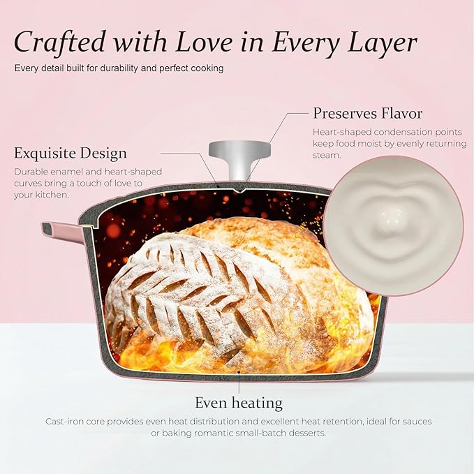 Overmont Enameled Cast Iron Dutch Oven - Heart-Shaped Pot with Lid Cookbook & Cotton Pot Holders - Mini Cookware Oven Safe to 500°F for Sourdough Baking Soups Stews - Great Gift for Birthday Wedding Housewarming 2QT Pink