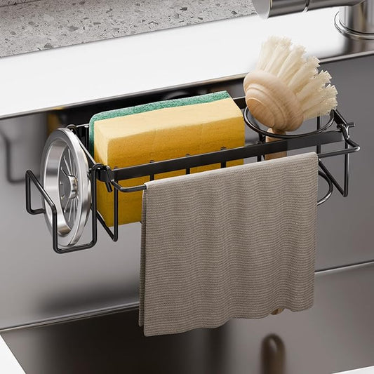 TAILI Sponge Holder with Strong Suction Cup, 4-in-1 Rustproof Sink Organizer - Sink Caddy Holds Sponges, Brushes, Stoppers & Scrapers -Black by TAILI