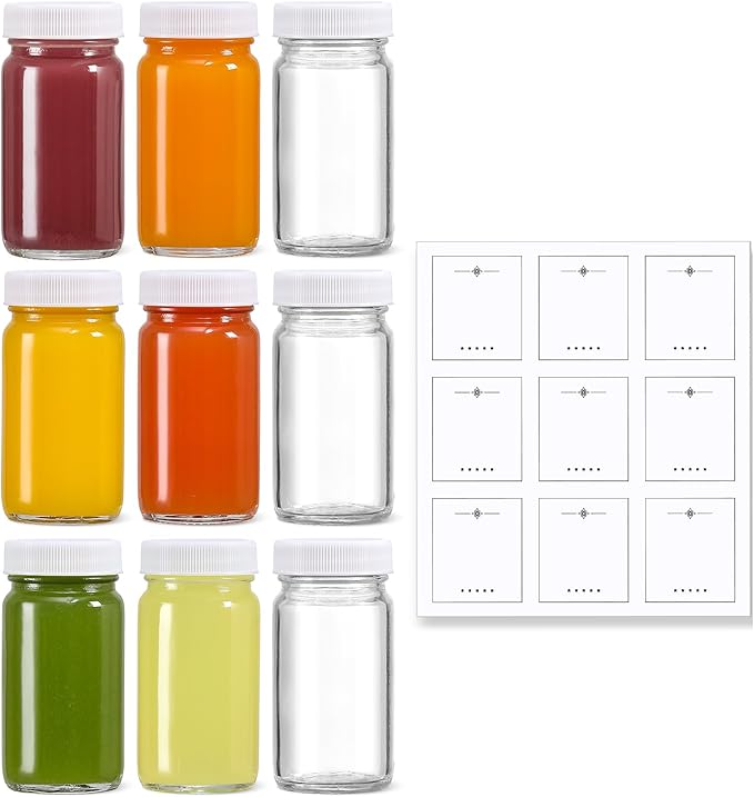 9 Pack 2 oz Glass Shot Bottles w/ White Lids & 9 Labels - Small Clear Jar for Ginger, Wellness Shot, Juice, Sample, Whiskey - Travel Essentials Mini Bottles - Wide Mouth, Leakproof, Dishwasher Safe by MakeLifeBetterEasier