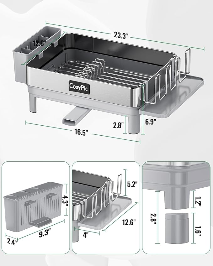 Dish Racks, Thicker Premium 304 Stainless Steel Dish Drying Rack for Kitchen Counter, Automatic Drainage Spout, Dish Drainer & Drainboard Set with Utensil Holder and Cup Holder, Grey - Image 7