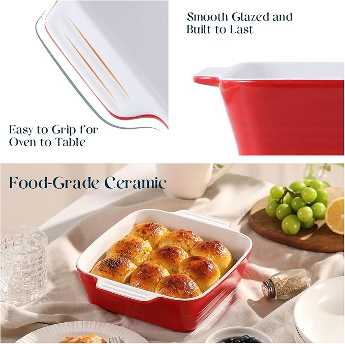 DOWAN 8x8 Baking dish, Square Baking Pan, Ceramic Casserole Dishes for Oven, Cake Pan with Handle, for Brownie, Lasagna, Casserole, 2 Quart, Home Gift, Wedding Gift, Red - Image 5