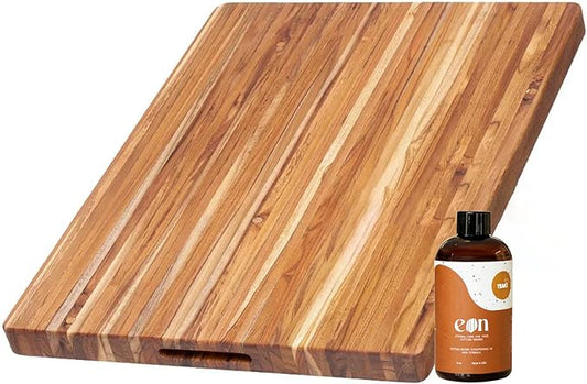 Teakhaus Carving Board and Cutting Board Oil Set - Includes Large (L) Wood Cutting Board with Grip Handles and EON Food Grade Mineral Oil - Knife-Friendly - FSC Certified by TEAKHAUS