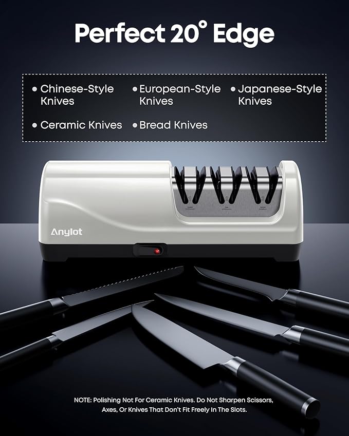 Kitchen Electric Knife Sharpener, 3-Stage Diamond Knife Sharpener Electric with 20° Precision Angle Guide, Fast & Safe Sharpening for Kitchen Knives, Home Use & Beginners (White) - Image 6