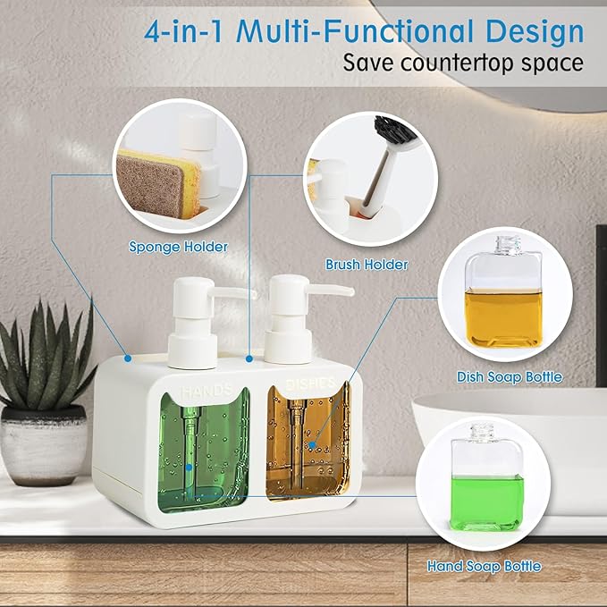Kitchen Soap Dispenser Set, with Hand and Dish Soap, Sponge Caddy and Brush Holder 4-in-1 Kitchen Dual Soap Dispenser Set for Kitchen Sink, Bathroom - White - Image 2