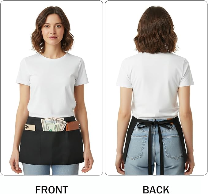 BOHARERS 3 Pack Waitress Aprons with Pockets - Women Men Black Waist Aprons Half Server Apron with Extra Long Straps