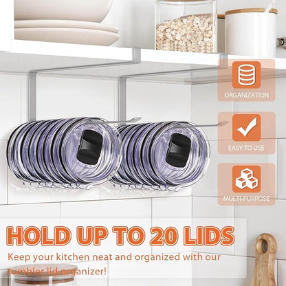 2 Pack Tumbler Lid Organizer, Horizontal Tumbler Lid Storage Hook to Hold Up 20 Lids, Space Saving Cup Lid Holders Under Cabinet Tumbler Lid Hook for Kitchen Organizer, Paper Towel Rack Hanger (Gray) - Image 2