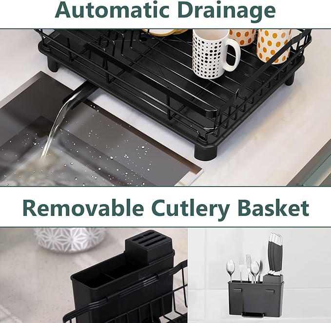 AIDERLY Iron Dish Drying Rack with Drainboard Dish Drainers for Kitchen Counter Extendable Spout Strainers with Utensil Holder and Knife Slots, Black - Image 4