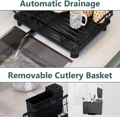 AIDERLY Iron Dish Drying Rack with Drainboard Dish Drainers for Kitchen Counter Extendable Spout Strainers with Utensil Holder and Knife Slots, Black - Image 4