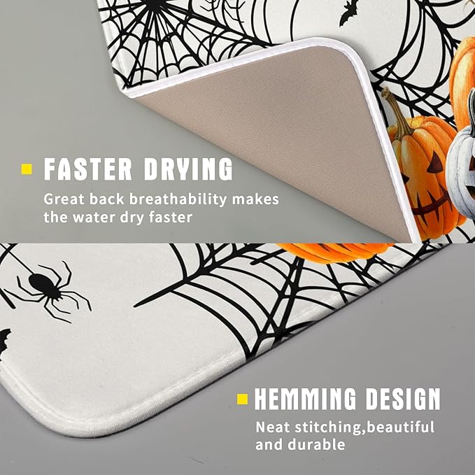 Giwawa Happy Halloween Dish Drying Mat 16"x18" Spooky Colorful Pumpkins Decorative Dish Drainer Mats Horrible Spider Web Bats Reversible Dish Drying Pad for Kitchen Countertop Dining Room