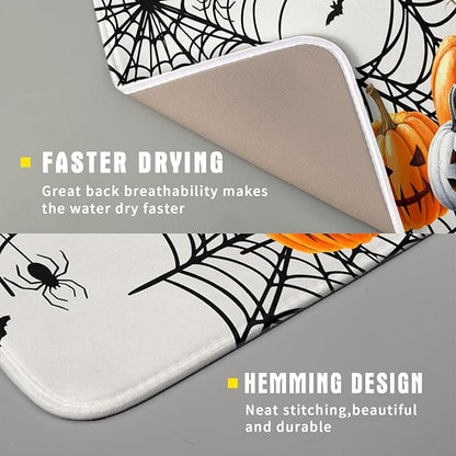 Giwawa Happy Halloween Dish Drying Mat 16"x18" Spooky Colorful Pumpkins Decorative Dish Drainer Mats Horrible Spider Web Bats Reversible Dish Drying Pad for Kitchen Countertop Dining Room