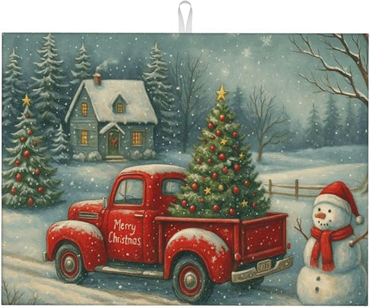 Christmas Red Truck Xmas Tree Snowman Dish Drying Mats for Kitchen Counter, Large 18"x24" Dish Mats for Drying Dishes, Microfiber Absorbent Dish Drying Pad Rack Mat Kitchen Decor Reusable Washable