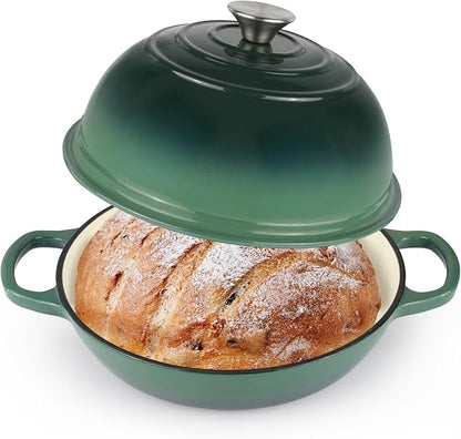 Enameled Cast Iron Bread Oven, Dutch Oven Pot with Lid, 10" Bread Dutch Oven for Sourdough Bread Baking, 6 Quarts Bread Pan with Dome Lid, Non-stick Cookware for Homemade Bread, Green