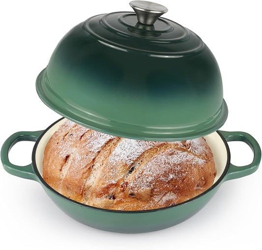 Enameled Cast Iron Bread Oven, Dutch Oven Pot with Lid, 10" Bread Dutch Oven for Sourdough Bread Baking, 6 Quarts Bread Pan with Dome Lid, Non-stick Cookware for Homemade Bread, Green