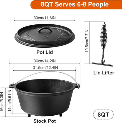 8QT Pre-Seasoned Cast Iron Camp Dutch Oven with Lid, Large Camping Dutch Oven Pot, incl. Lid Lifter - Dual Handles - for Outdoor Campfire, Grill, Oven & Stovetop Cooking-Black - Image 2