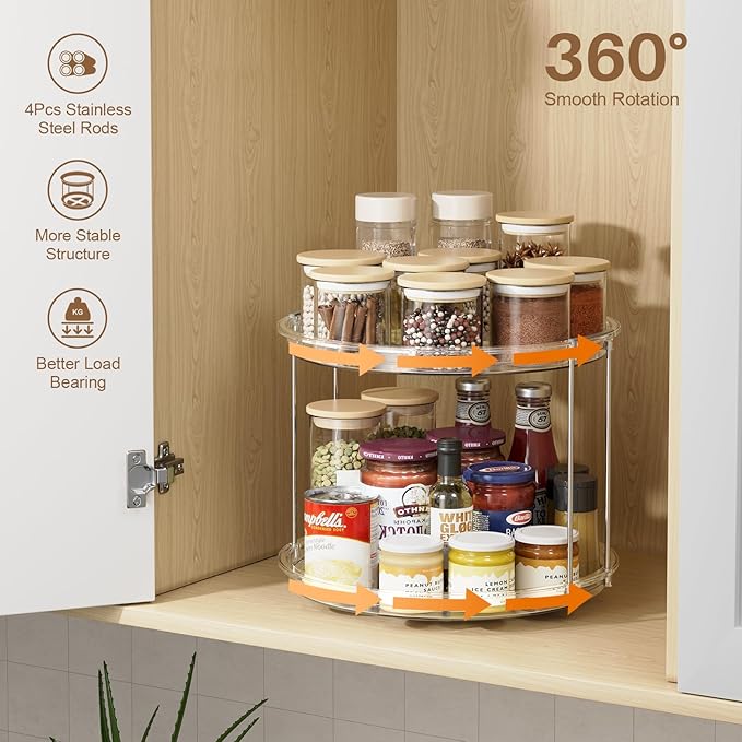 LAMU 12in 2 Tier Lazy Susan Organizer Large Lazy Susan Turntable Rotating Spice Rack Organization for Cabinet, Kitchen, Pantry, Countertop, Bathroom, Vanity, Medicine Cabinet Organizer, Clear - Image 2