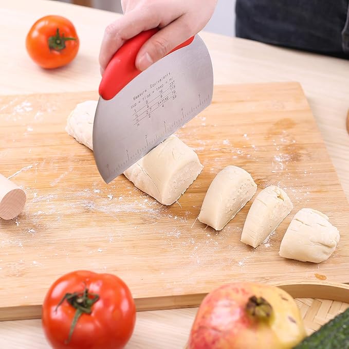1 pcs Dough Pastry Scraper Chopper/Stainless Steel Dough Scraper Cutter with Ergonomic Rubber Non-Slip Grip/Dough Scraper Cutter/Pro Pastry Pizza Cutter Chopper (Red) - Image 6