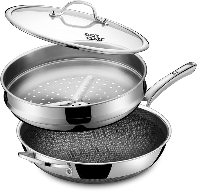 DOTCLAD 13 Inch Hybrid Stainless Steel Wok with Lid and Steamer Basket, Non Stick Stir Fry Pan, PFOA-Free, Works on Induction, Dishwasher & Oven Safe
