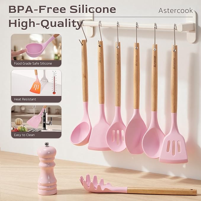 Astercook Kitchen Utensils set, 39 PCS Silicone Cooking Utensils Set with Wooden Handle, 446°F Heat Resistant Food Grade Utensil Sets, BPA Free Kitchen Gadgets Tools Set for Mothers Day Gifts - Image 7