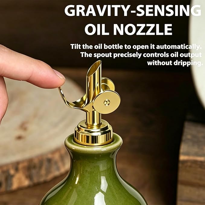 Ceramic Olive Oil Dispenser Bottle for Kitchen with Gold Gravity Spout, Large Capacity 23.6oz/700ml Oil Container, Suitable for Storage Olive Oil, Vinegar, Soy Sauce, Lemon Juice(Green)