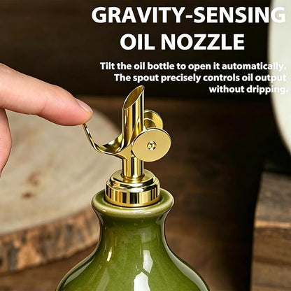 Ceramic Olive Oil Dispenser Bottle for Kitchen with Gold Gravity Spout, Large Capacity 23.6oz/700ml Oil Container, Suitable for Storage Olive Oil, Vinegar, Soy Sauce, Lemon Juice(Green)