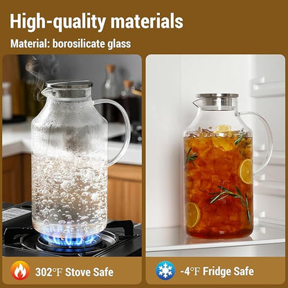 1 Gallon thickened Glass Pitcher with Lid and Spout, Borosilicate Glass Carafe for Hot/Cold Drink, Water Pitchers for Fridge, Extra Large Jug with Handle for Iced Tea, Coffee,Juice,Homemade Beverage