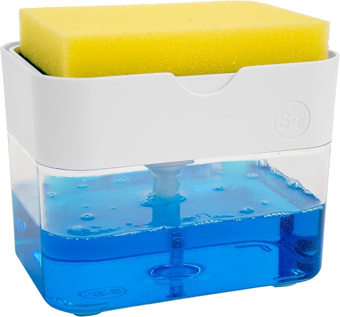 S&T INC. Dish Soap Dispenser and Sponge Holder for Kitchen Sink with Enhanced Features, Sponge Included, 13 Ounces, Matte White by STINC