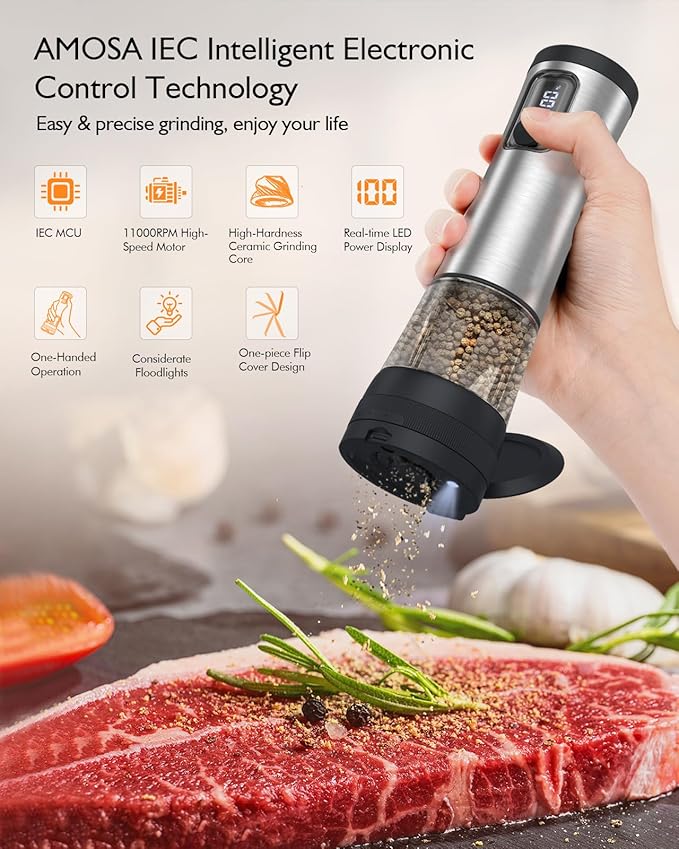 Electric Salt and Pepper Grinder Set, Upgraded 2-Speed Setting, External 5 Adjustable Coarseness, Battery Display Rechargeable Base, Stainless Steel Automatic Salt & Pepper Shakers Mill with LED Light - Image 2