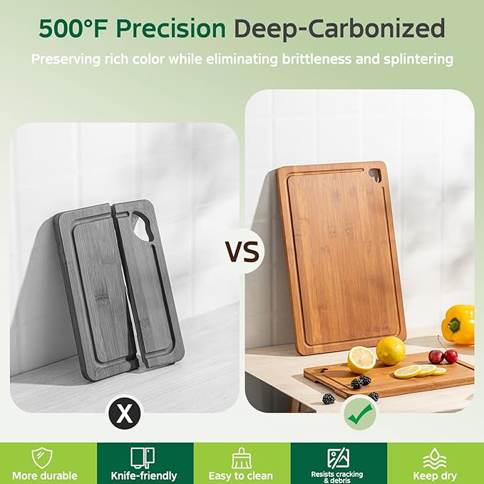 Bamboo Cutting Boards for Kitchen(Set of 3), Wood Cutting Board with Wood Storage Stand, Charcuterie & Chopping Board for Vegetables and Meat, with Deep Juice Groove, Ideal Kitchen Gifts - Image 4
