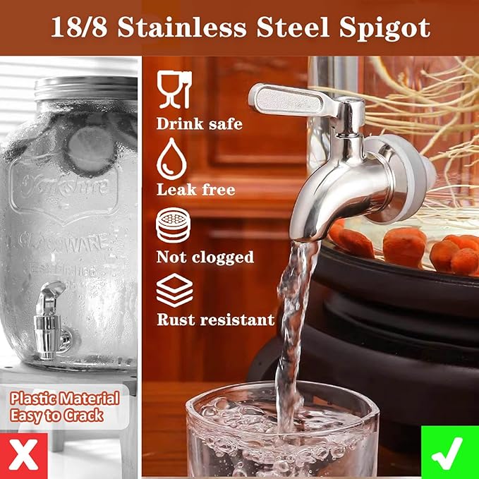 2 Gallon Drink Dispenser with 18/8 Stainless Steel Spigot, Sun Tea Glass Mason Jar for Outside, Iced Lemonade Beverage Dispenser with Ice Core, Large Water Juice Jug, Punch Dispenser for Parties
