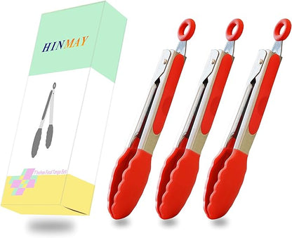 HINMAY 7-Inch Mini Silicone Tongs Small Serving Tongs for Appetizers, Set of 3 (Red) - Image 7