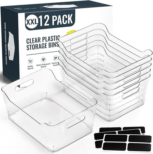 12 PACK Multi-Use Clear Plastic Storage Bins for Organizing w/ Labels - Home, Kitchen, Pantry, Bathroom, Office, Cabinet Shelf Organizer Bins - SOHO Collection, RV, Fridge Organization Containers -XXL by MakeLifeBetterEasier