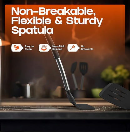 BakeRoyal Silicone Spatula Set - Turner Spatulas Silicone Heat Resistant 600°F - Slotted & Solid Spatula for Cooking Fish, Eggs, Pancakes Flipper – Spatulas for kitchen use – Black - Image 6
