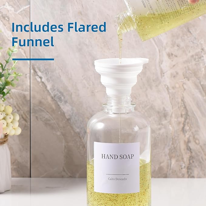 Glass Soap Dispenser with Pump, Dish and Hand Soap Dispenser for Kitchen Bathroom Set, Clear Glass Dispenser Set of 2 Pack with 18 Stickers Funnel Bamboo Tray 500ml 18oz / Each Bottle Sliver Pump - Image 3