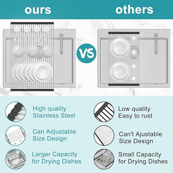 BBXTYLY Extra Large Expandable Roll Up Dish Drying Rack,Over The Sink Drying Rack Sink Cover Kitchen Sink Accessories Kitchen Rolling up Stainless Steel Drainer, Foldable,Rollable（Black，25.1''-17.3''） - Image 4