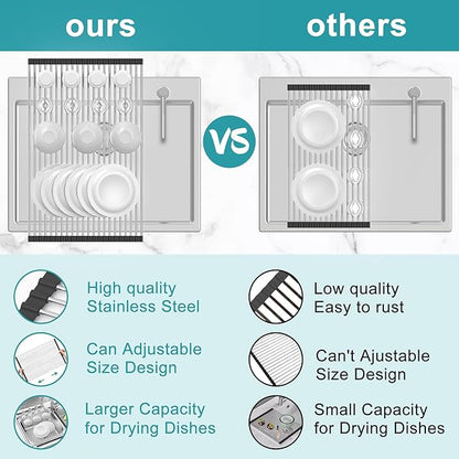 Extra Large Expandable Roll Up Dish Drying Rack,Over The Sink Drying Rack Sink Cover Kitchen Sink Accessories Kitchen Rolling up Stainless Steel Drainer, Foldable,Rollable（Black，25.1''-12.4''） - Image 5
