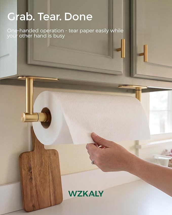 Gold Paper Towel Holder Under Cabinet, Self Adhesive or Wall Mount for Kitchen Bathroom, Stainless Steel Paper Towel Holders with Damping Effect, Single Hand Operable - Image 2