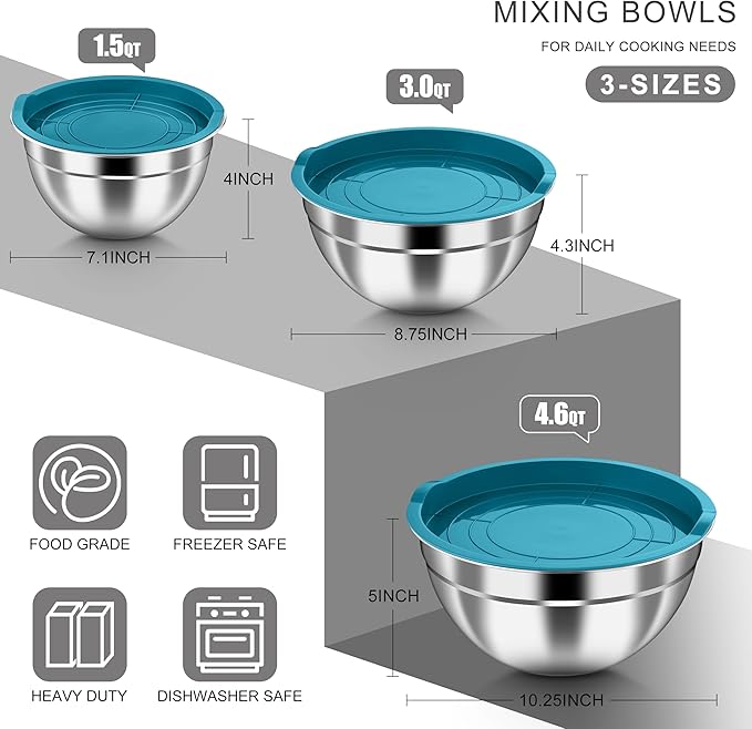 HaWare Mixing Bowls with Airtight Lids, 6-Piece Stainless Steel Salad Bowls, Strong Nesting Bowls for Cooking, Prepping, Baking, Serving & Food Storage, Stackable Design, Size 4.6, 3, 1.5QT, Teal Blue - Image 2