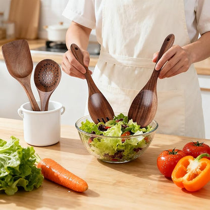 Wooden Spoons for Cooking - 7 Pieces Wooden Kitchen Utensils Set, Smooth Natural Teak Wood Utensil Set, Nonstick Heat-Resistant Cooking Utensils - Lightweight & Sturdy, Wooden Spatula for Cooking - Image 2