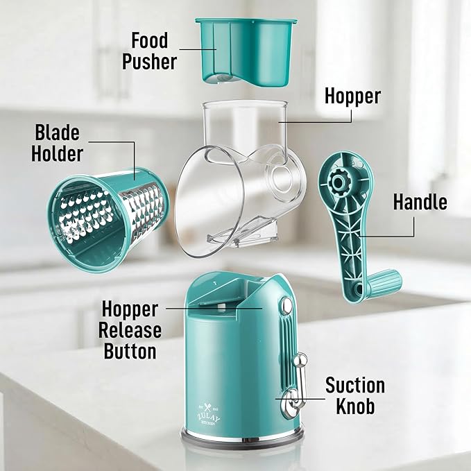 Zulay Kitchen Rotary Cheese Grater 5 Blade Cheese Shredder - Manual Hand Crank Cheese Grater With Reinforced Suction & 5 Interchangeable Drums - Easy to Use, Vegetable Chopper Round Mandoline Slicer - Image 9